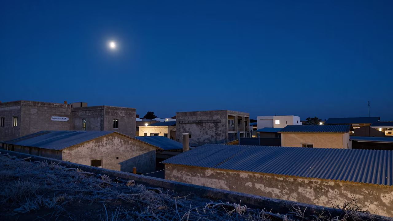 Crescent Moon Over Hargeisa Rooftops in from a frost-hushed ridgeline near Hargeisa