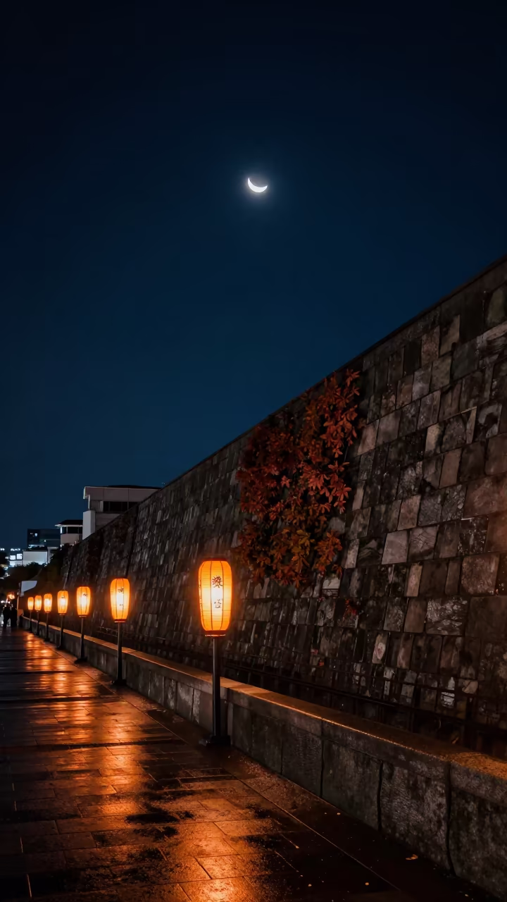 Crescent Moon Over Shinsekai Harbor Lanterns in beside a lantern-dotted harbor near Shinsekai, Osaka