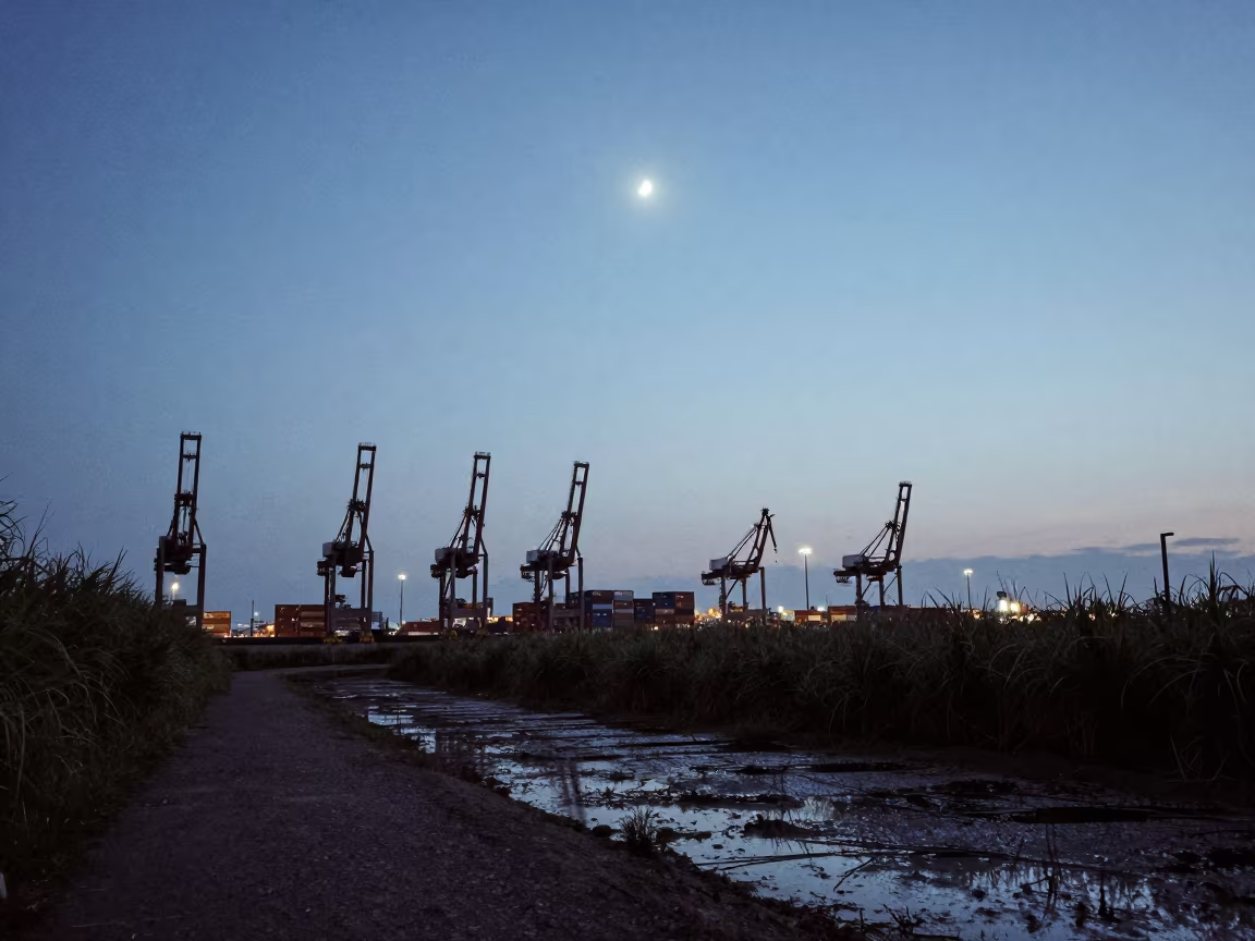 Crescent Moon Over Sleeping Container Port Cranes in at the edge of a reed bed near Fukuoka