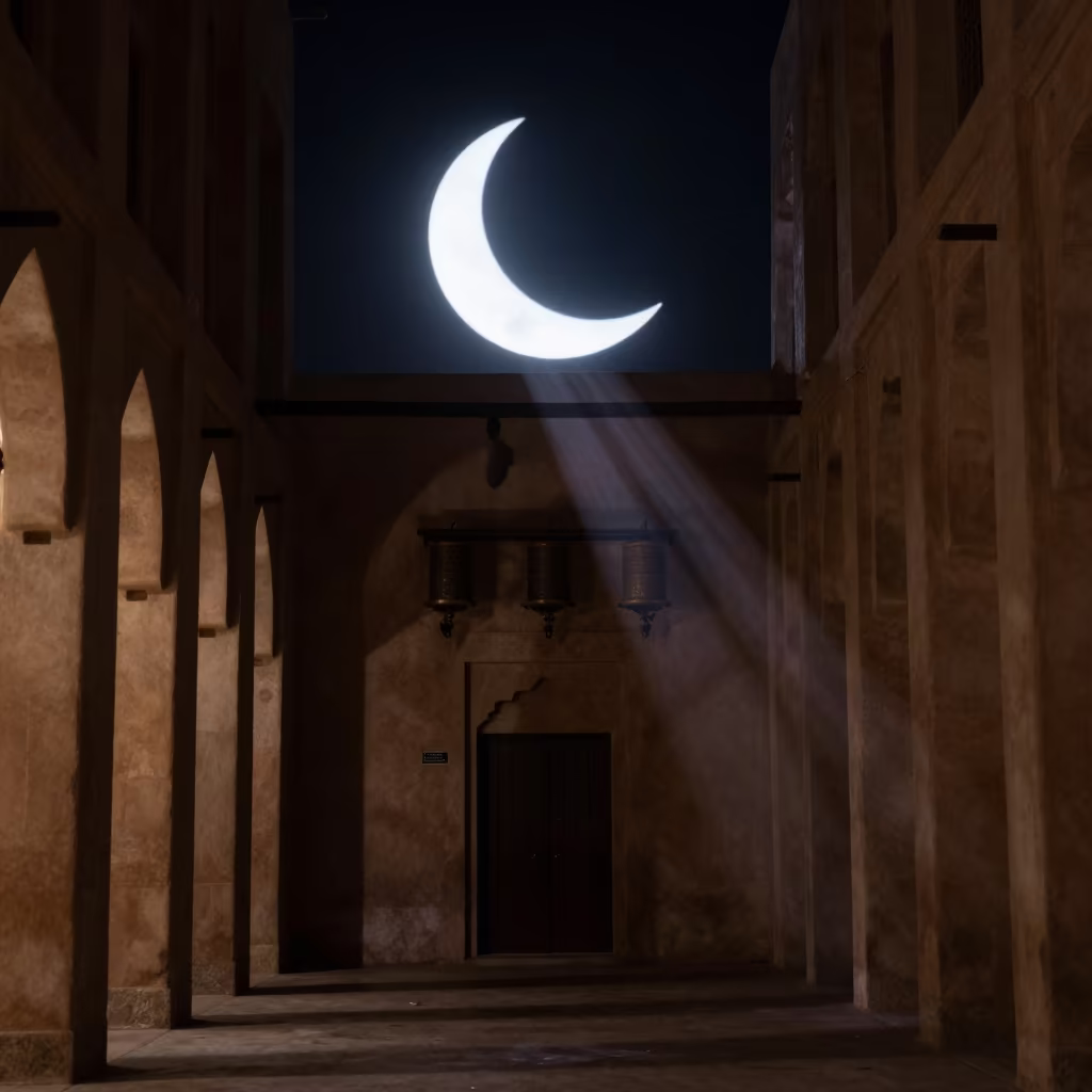 Crescent Moon Projected on Dubai Minaret Wall in beside a prayer wheel corridor in Al Fahidi, Dubai