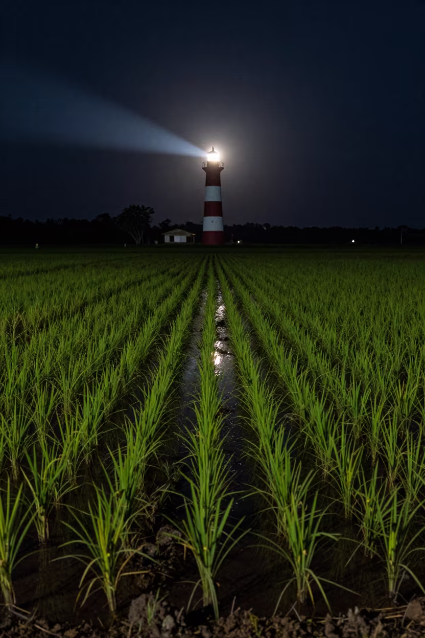 Crescent Moon Reflected in Dominican Rice Paddy in along freshly irrigated rows in Dominican Republic