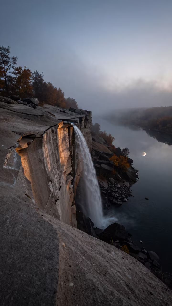 Crescent Moon Reflected in Misty Fjord Waterfall in beneath a wind-cut desert escarpment near Zabrze