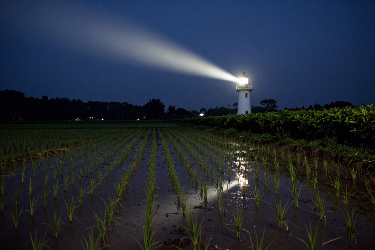 Crescent Moon Reflected in Monsoon Rice Paddy in at the edge of a tea plantation near Sri Hartamas, Kuala Lumpur