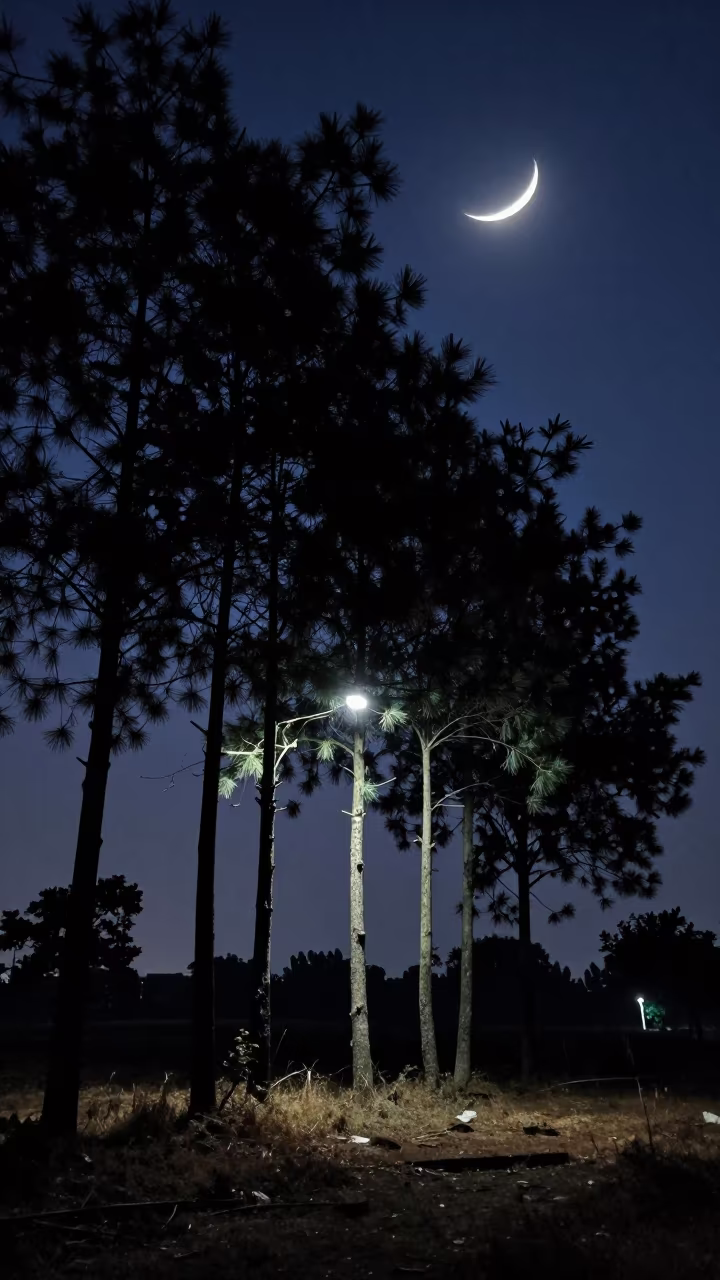 Crescent Moon Sets Behind Dhaka Pines in near Dhanmondi, Dhaka