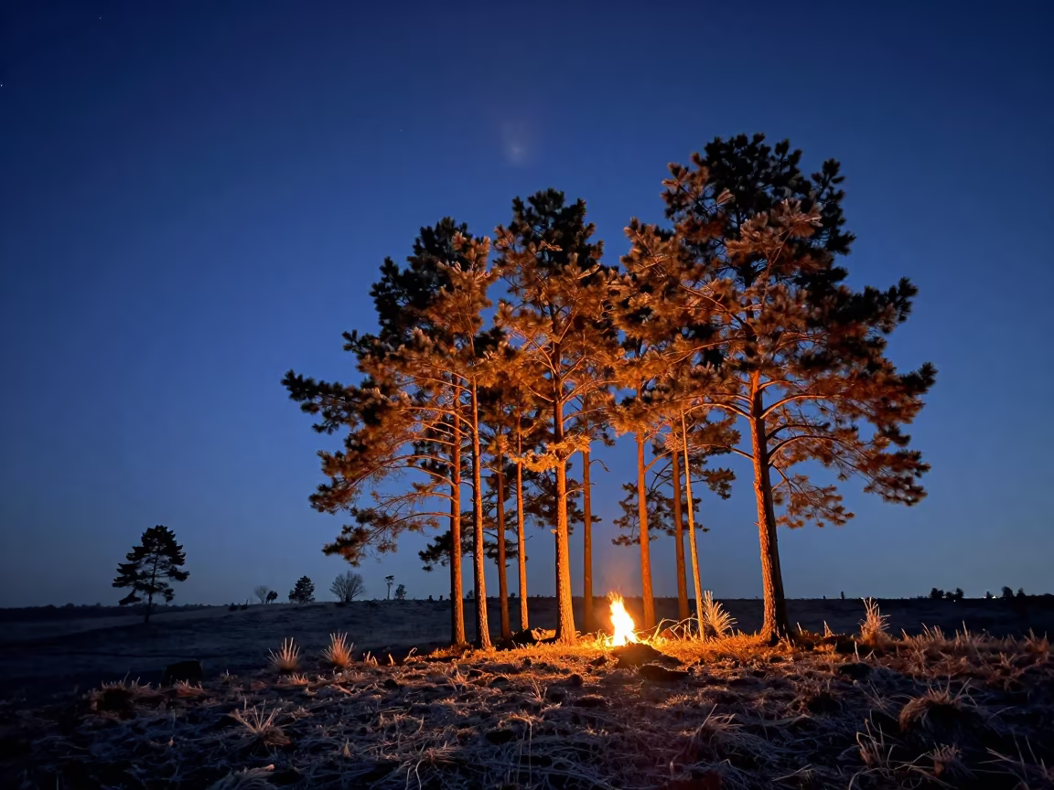 Crescent Moon Setting Behind Pines on Frosty Ridge in from a frost-hushed ridgeline near Kisangani