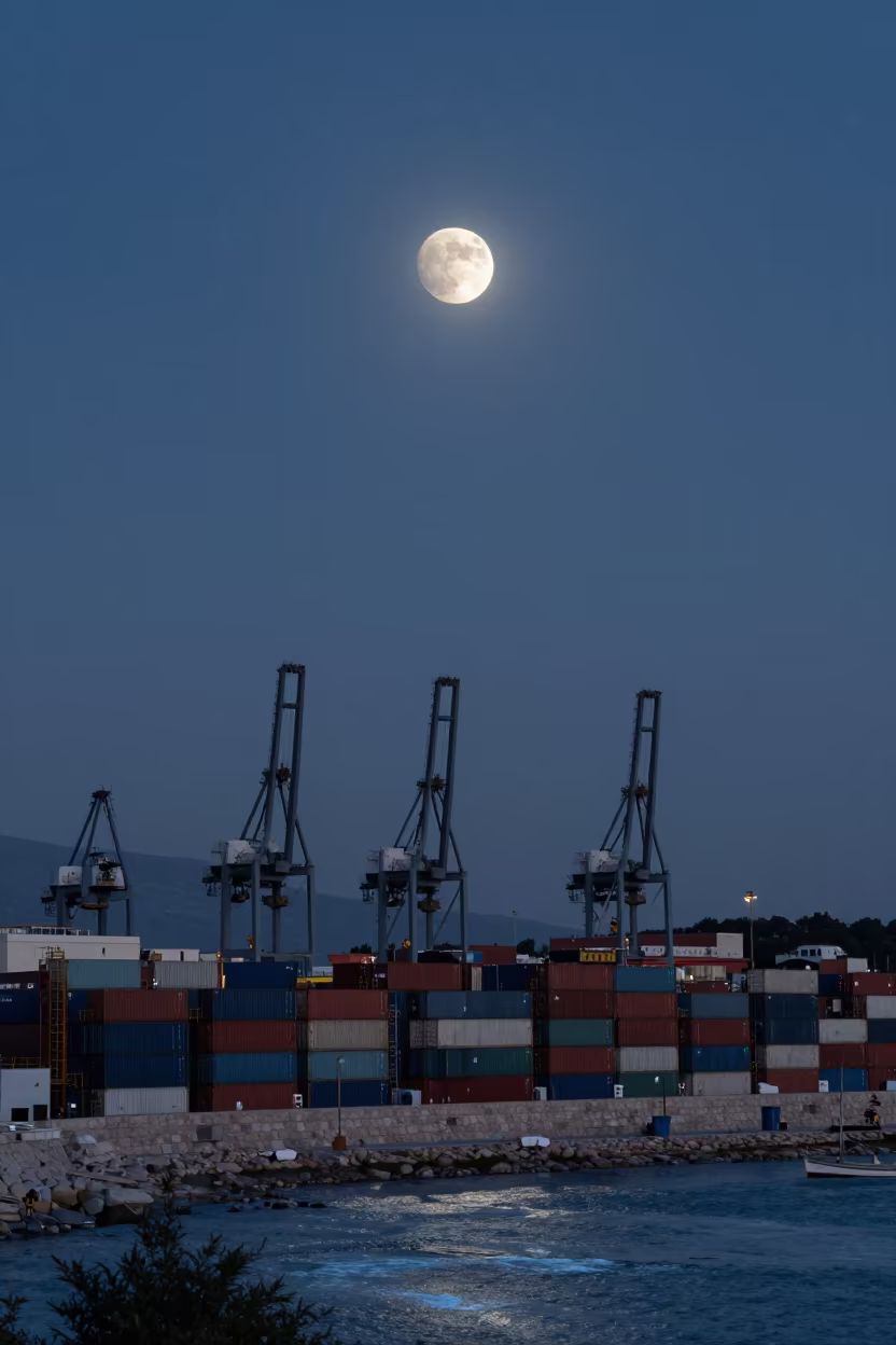 Crescent Moon Over Sleeping Port Cranes in above a glacial stream near Pile, Dubrovnik
