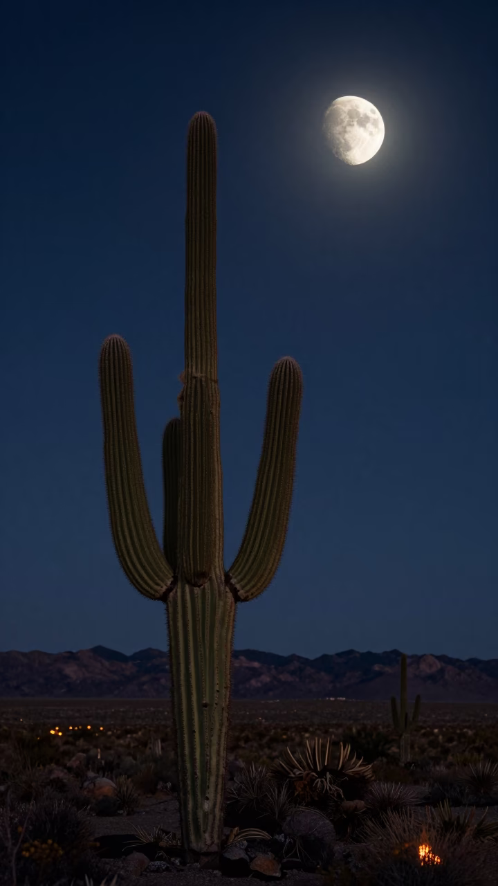 Crescent Moon Over Sonoran Cactus Desert Night in from a quiet alpine saddle in Nevada