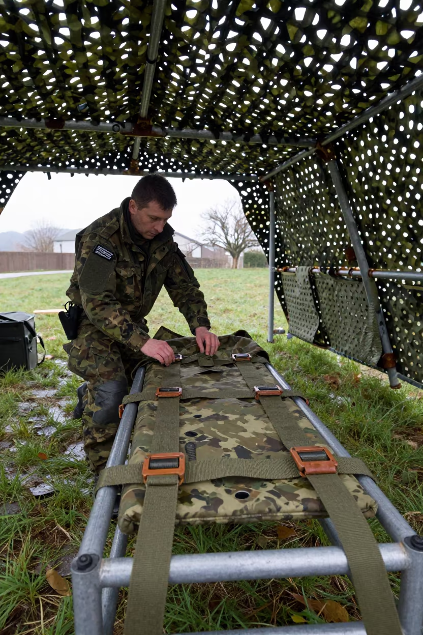 Crew Chief Secures Medevac Litter Straps in beneath a camouflage net shelter near Barakaldo