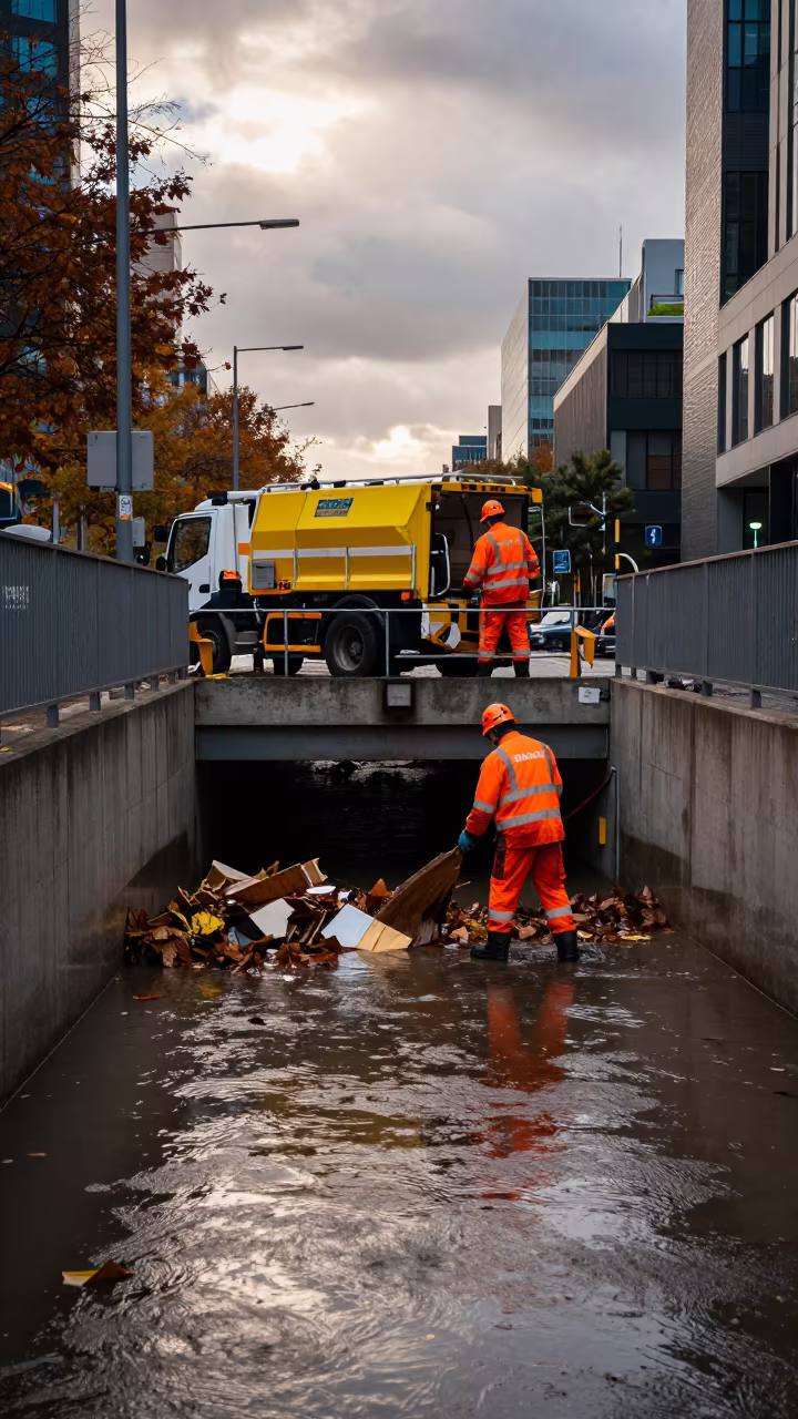 Crew Clearing Storm Debris Flooded Underpass Melbourne in in a public square near Degraves Street, Melbourne