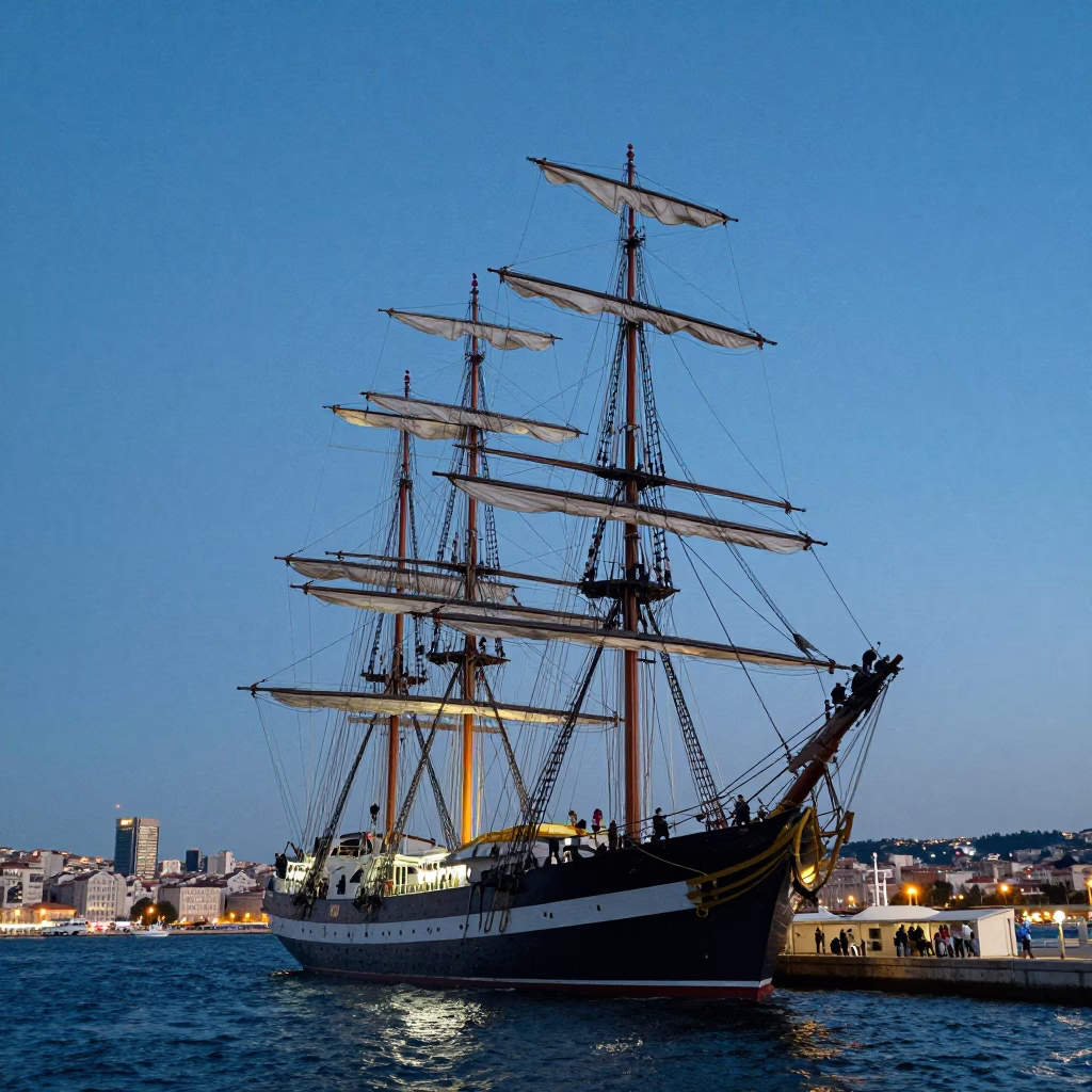 Crew Climbing Rigging on Tall Ship Near Marseille in on a wind-open causeway near Marseille