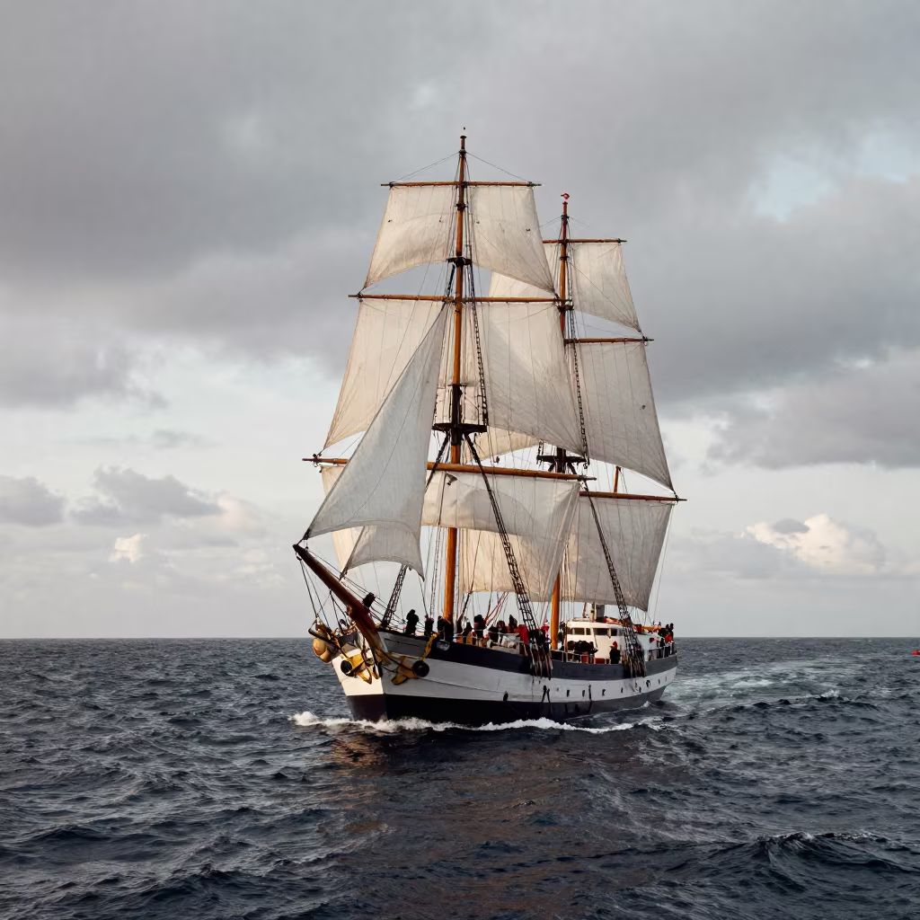 Crew Climbing Rigging on Tall Ship at Sea in across a remote ferry crossing in Italy