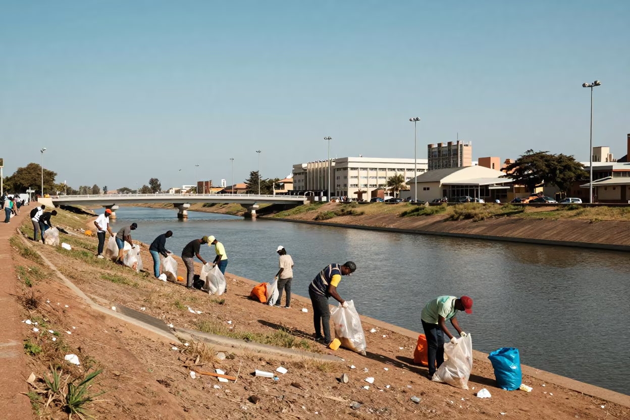 Crew Filling Bags Beside Canal Under Floodlights in beneath government building floodlights in Durban