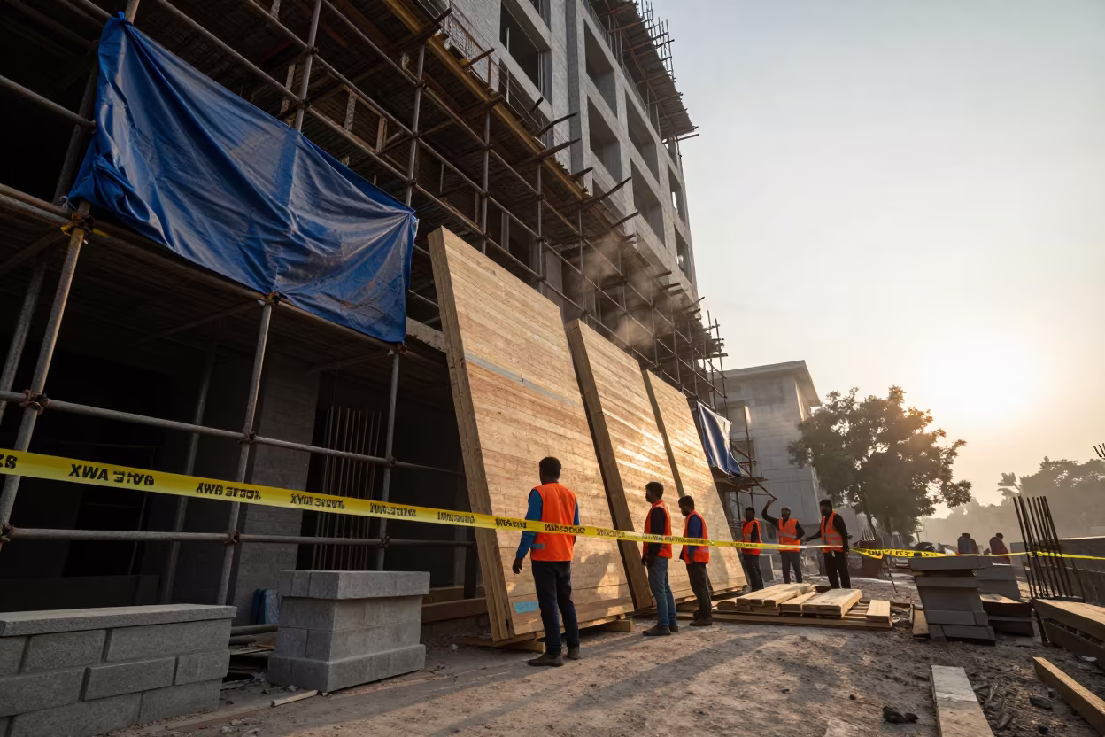 Crew lifting wall sections at dawn near Delhi in along a scaffolded facade near Delhi