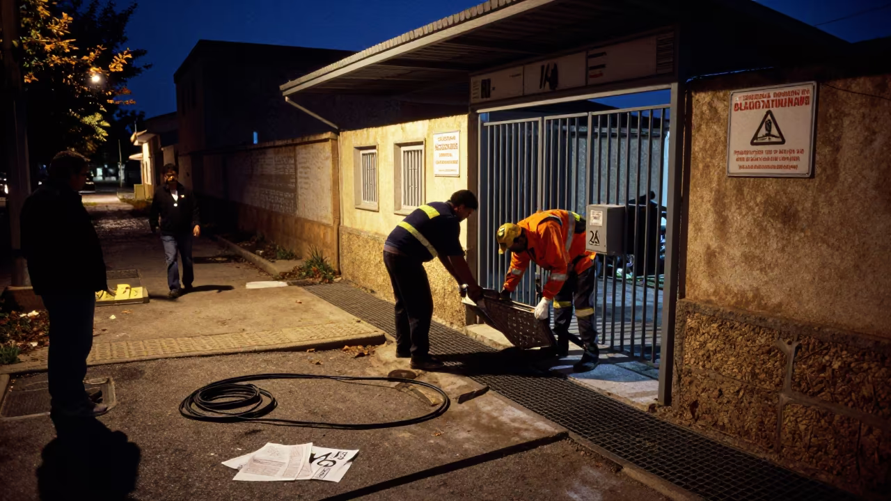 Crew Lifts Metal Grates Outside Taza Polling Station in outside a polling station entrance in Taza