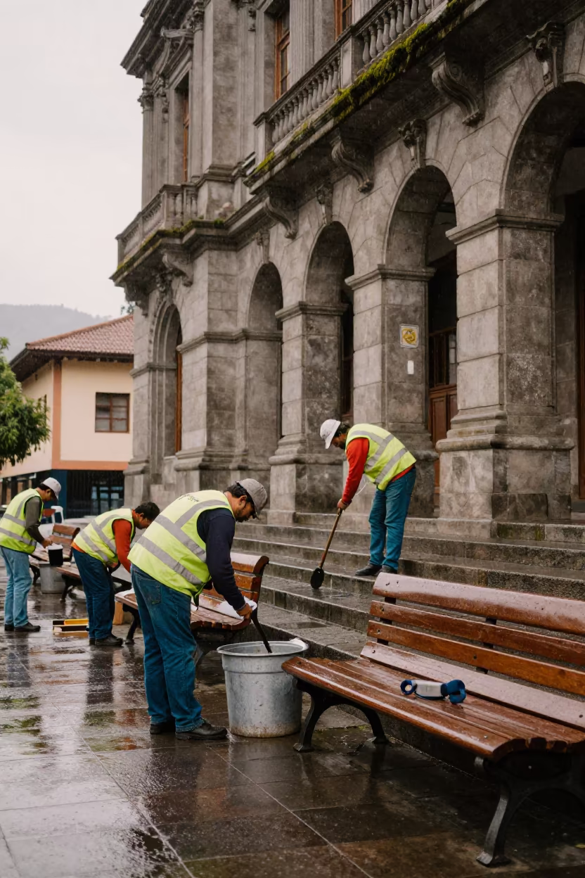 Crew Repairing Benches Near City Hall Medellin in on the steps of city hall near Medellin