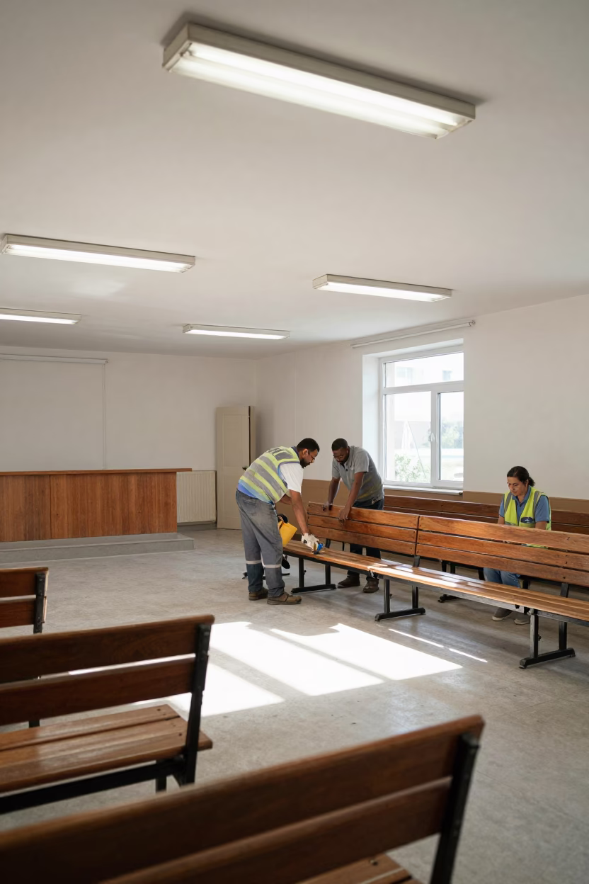 Crew Repairing Benches in Town Hall in in a fluorescent town hall meeting room near Lqliâa