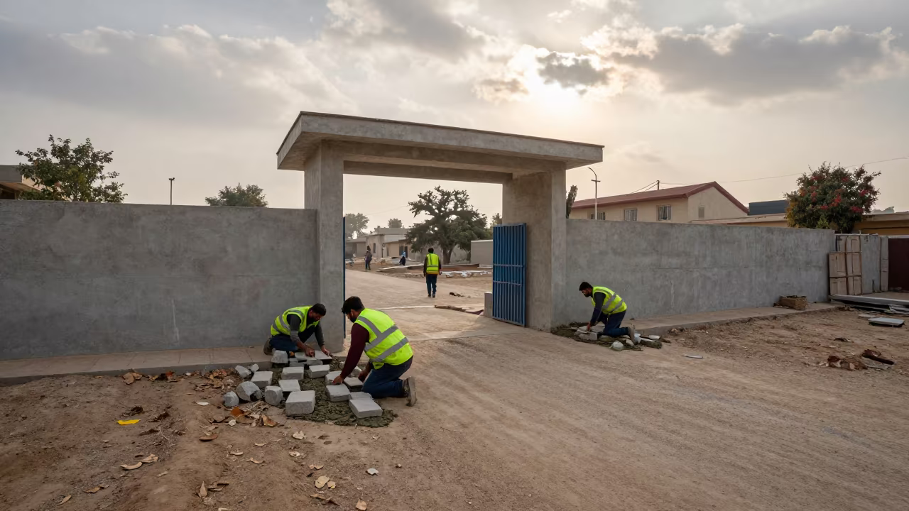 Crew Repairing Pavers Outside Quetta Polling Station in outside a polling station entrance in Quetta