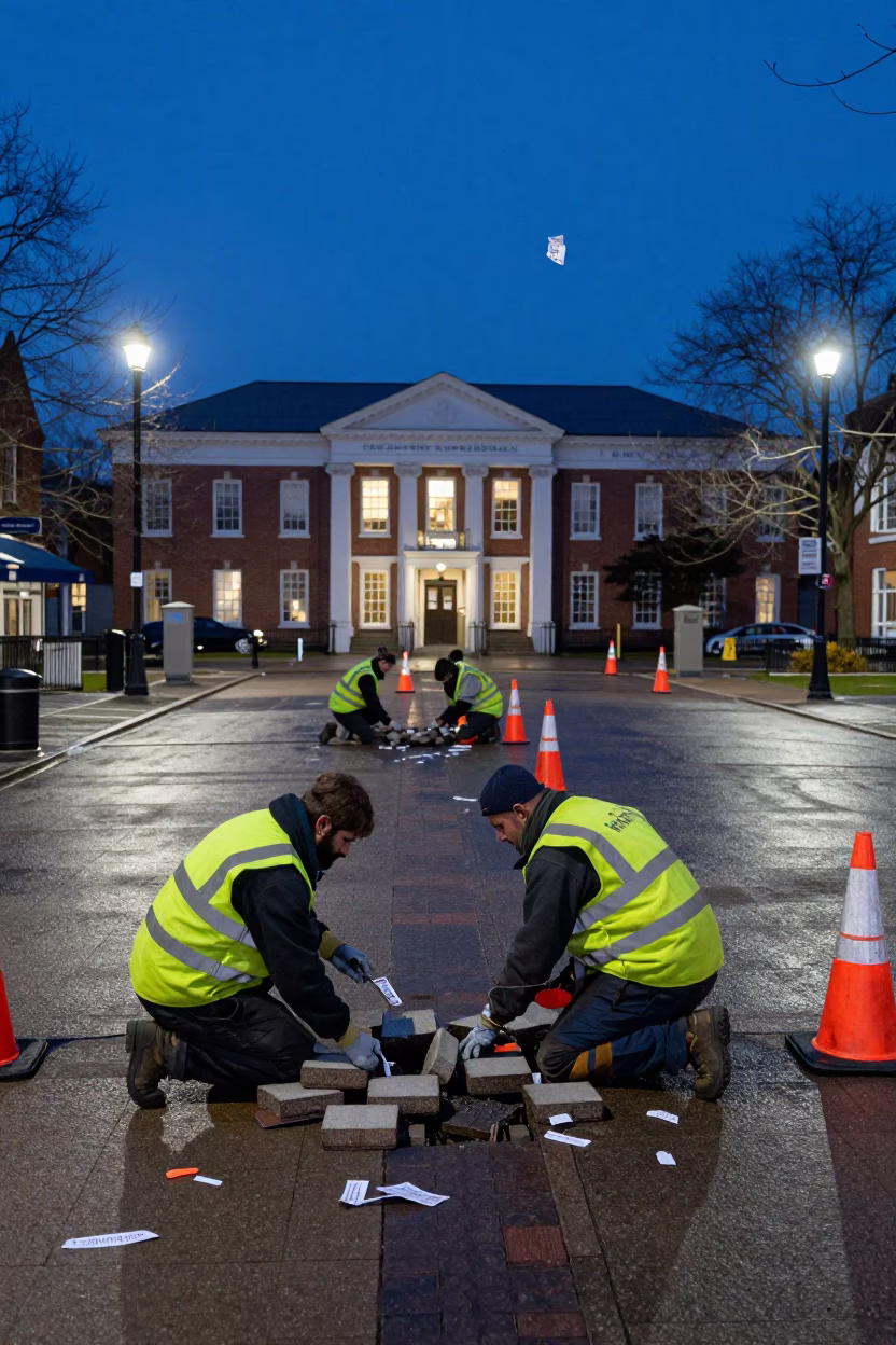 Crew Replacing Pavers in Chelmsford Square at Twilight in beneath government building floodlights in Chelmsford