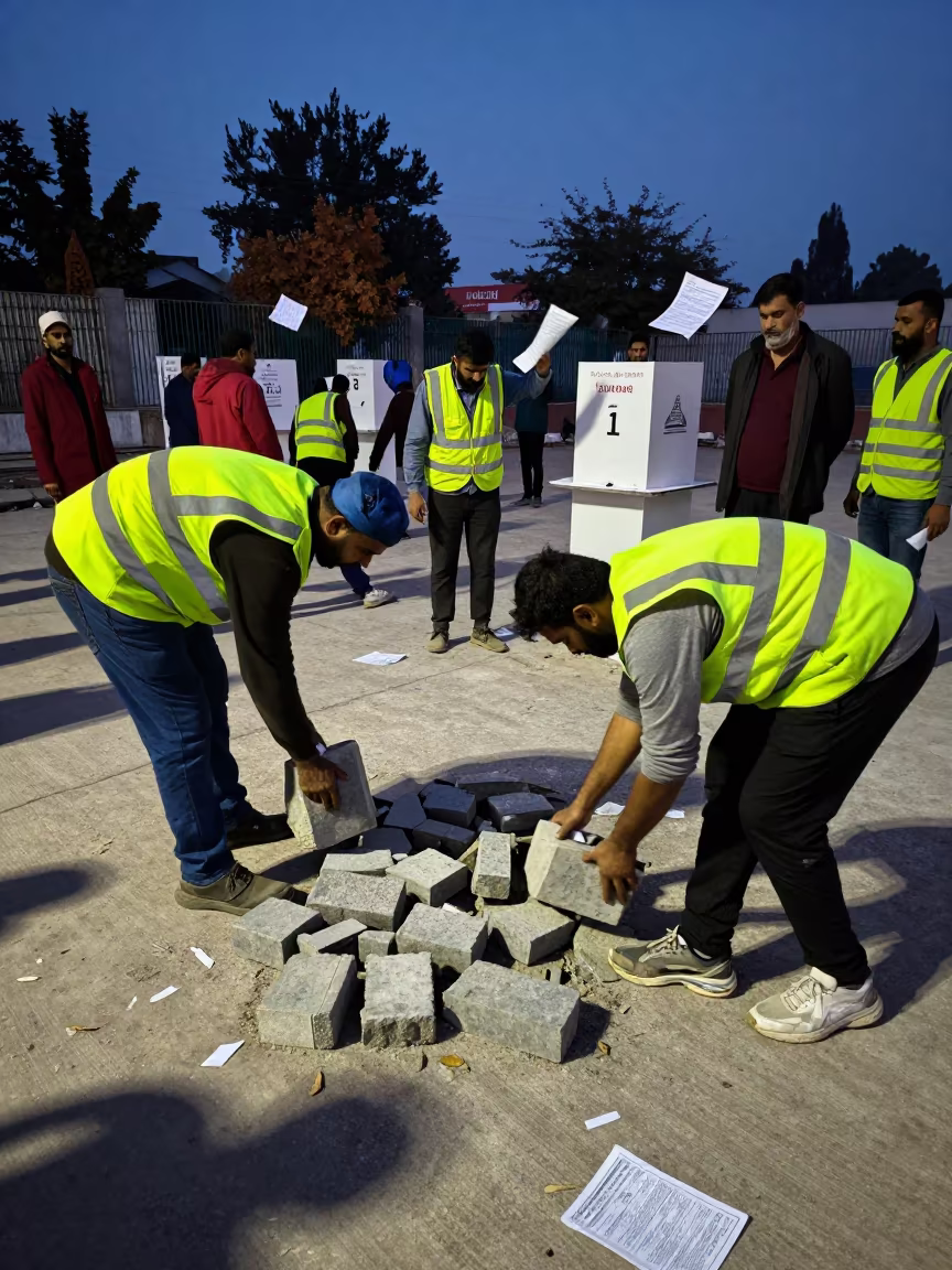 Crew Replacing Pavers in Rawalpindi Gymnasium Square in inside a polling station gymnasium in Rawalpindi
