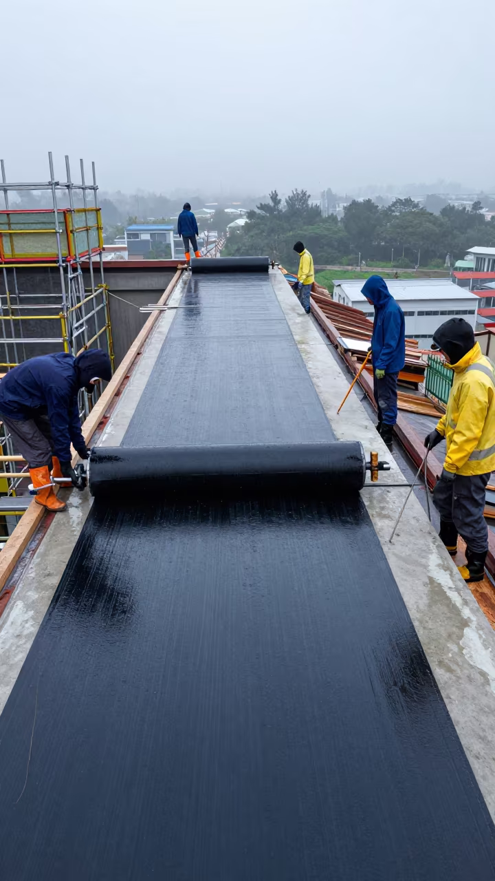 Crew Rolling Roof Membrane in Tainan Dawn in along a scaffolded facade in Tainan