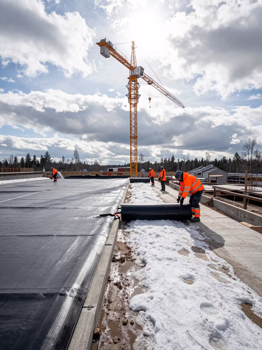 Crew Rolling Roof Membrane Under Crane in Finland in beneath a tower crane on open ground in Finland