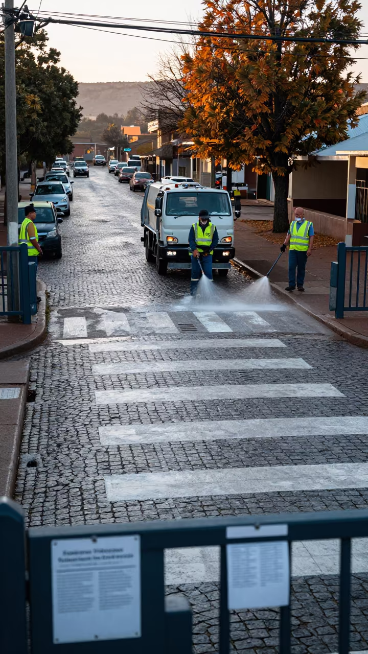 Crew Sprays Soap on Kimberley Market Cobbles in at a crosswalk by a school gate in Kimberley