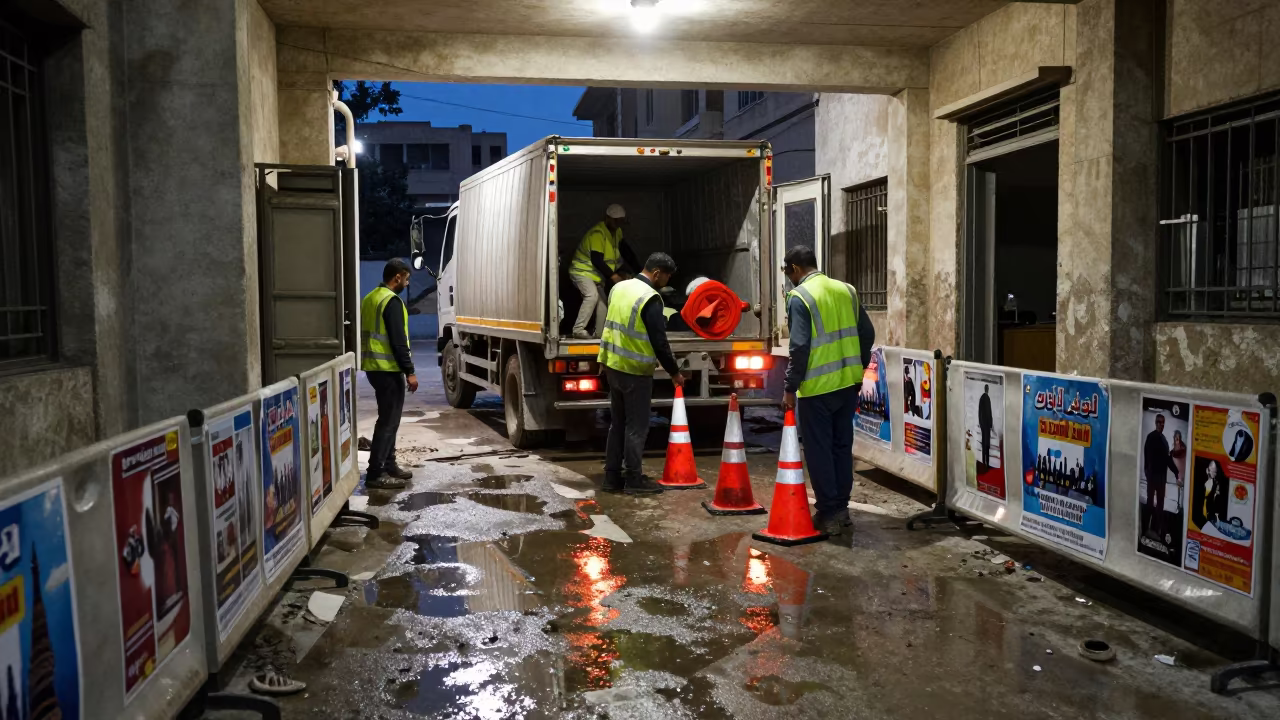 Crew Unloading Cones Inside Aleppo Office in inside a campaign office in Aleppo