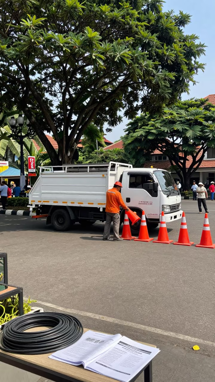 Crew Unloading Traffic Cones in Yogyakarta Square in in a public square near Yogyakarta