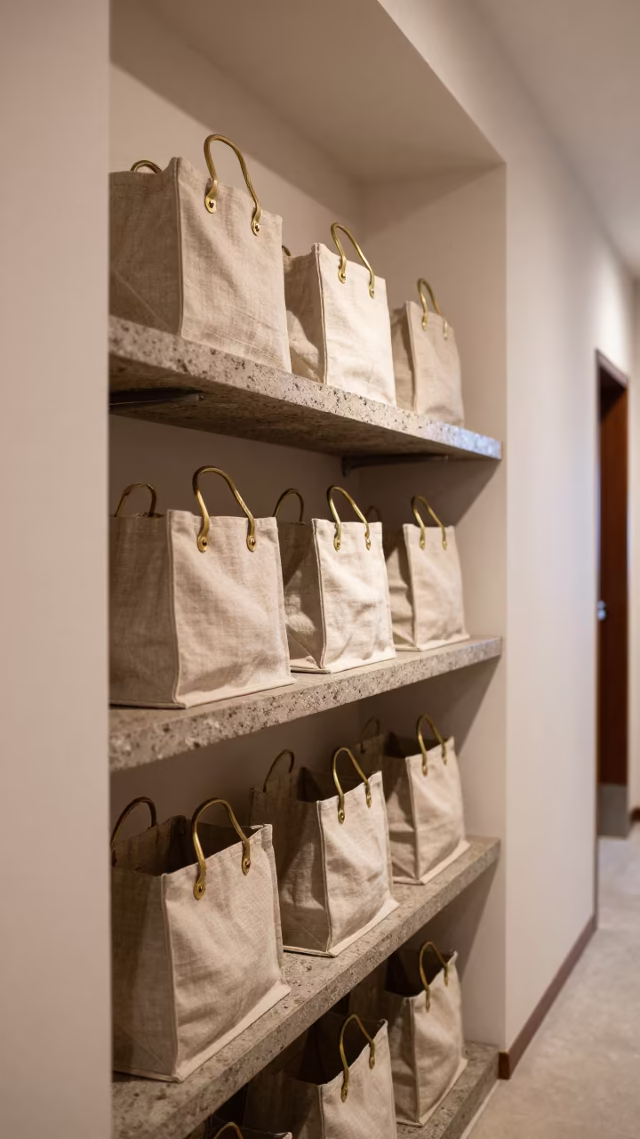 Crib Linen Tote Shelf in Dashilar Beijing Corridor in in a quiet guest corridor in Dashilar, Beijing