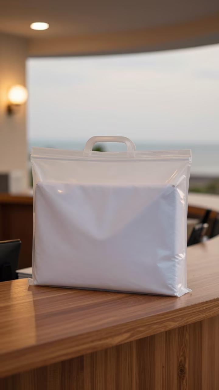 Crib Sheet Seal Bag On Mumbai Reception Desk in at a reception desk under warm light near Marine Drive, Mumbai