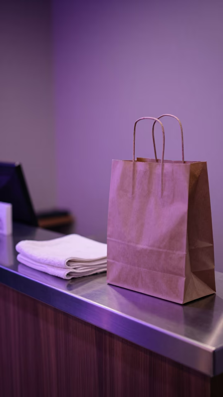 Crib Sheet Seal Bag on Spa Counter in inside a spa reception near Dogpatch, San Francisco