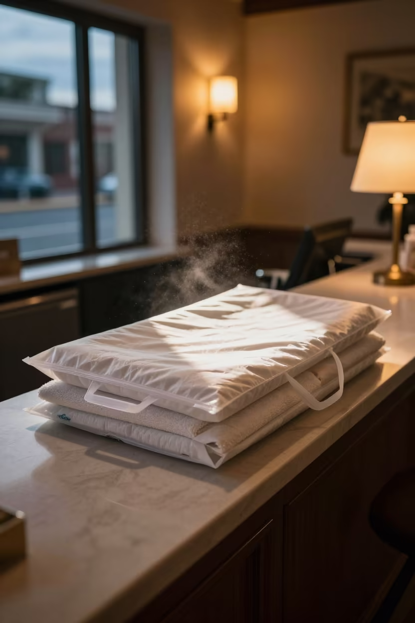 Crib Sheet Sealed Bag on Reception Desk in at a reception desk under warm light in San Diego, Cartagena
