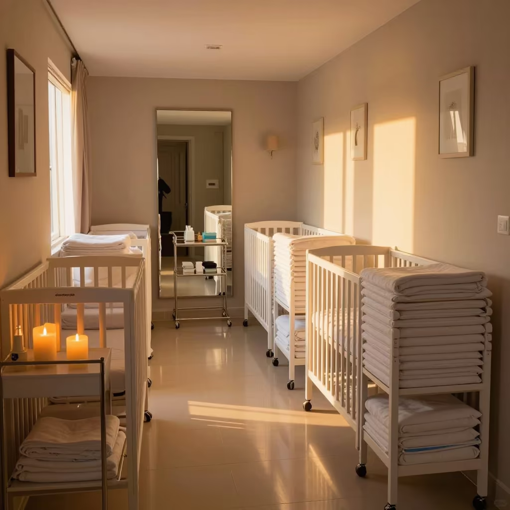 Crib Storage Room Golden Hour Glow in in a quiet guest corridor near Campinas
