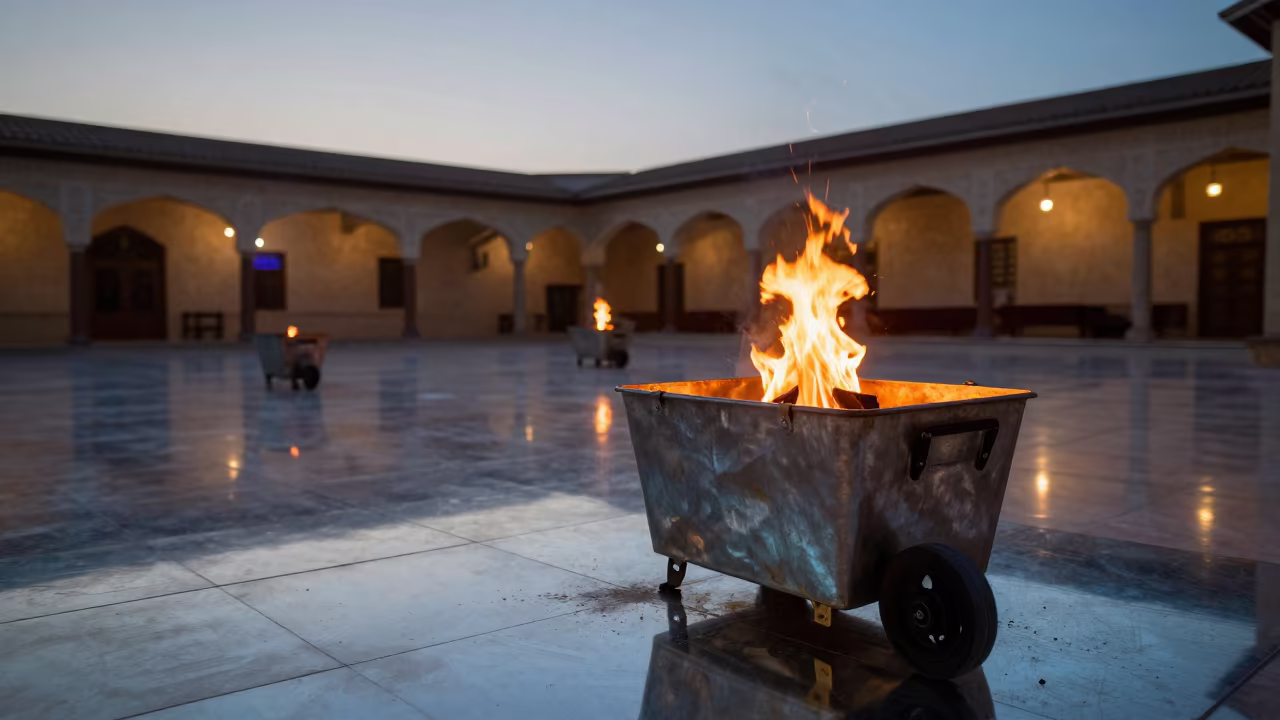 Crib Wheel Lock Bin Banquet Hall Predawn in inside a banquet hall before service near Mosul