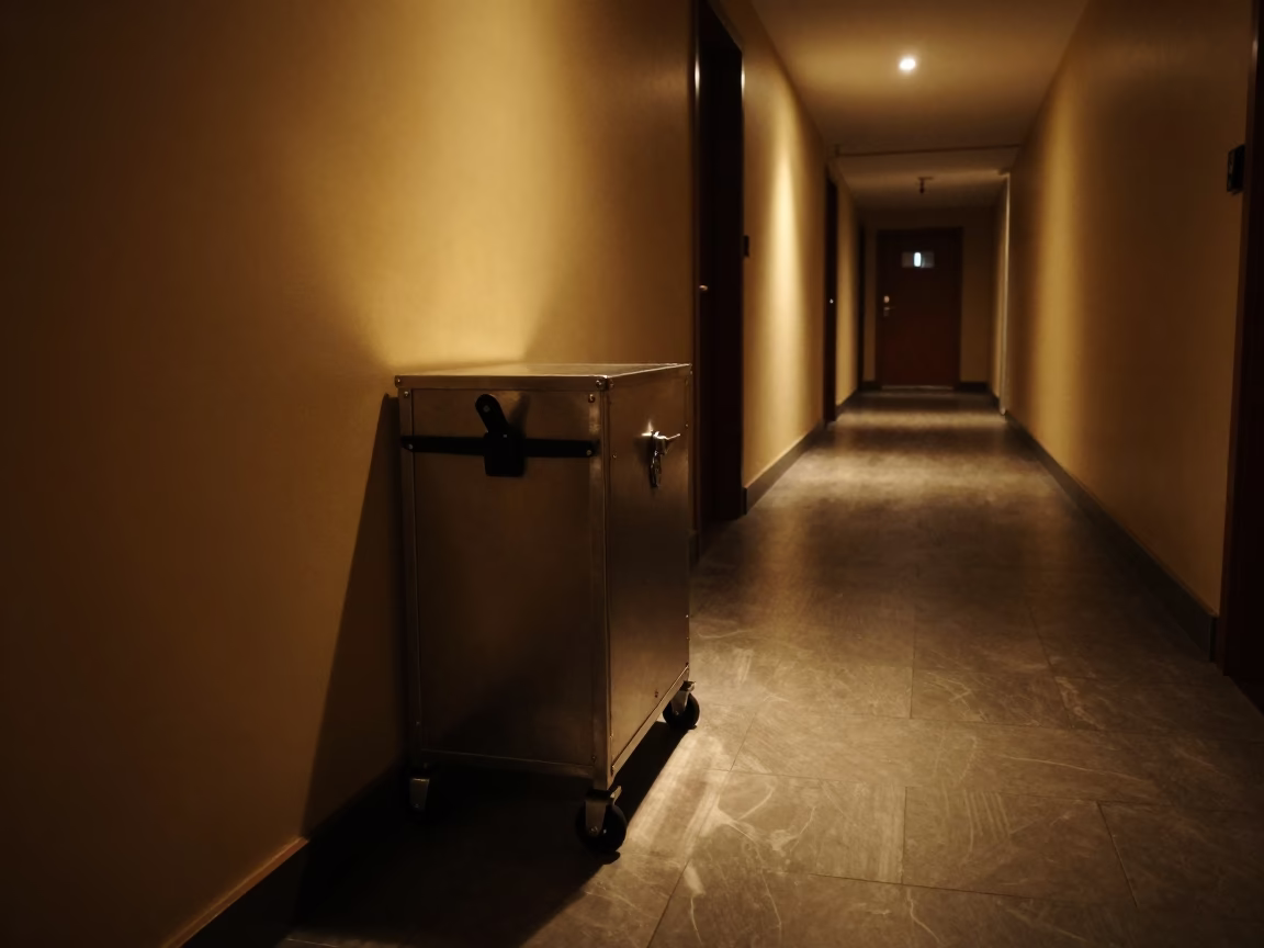 Crib Wheel Lock Bin in Thane Corridor in in a quiet guest corridor in Thane