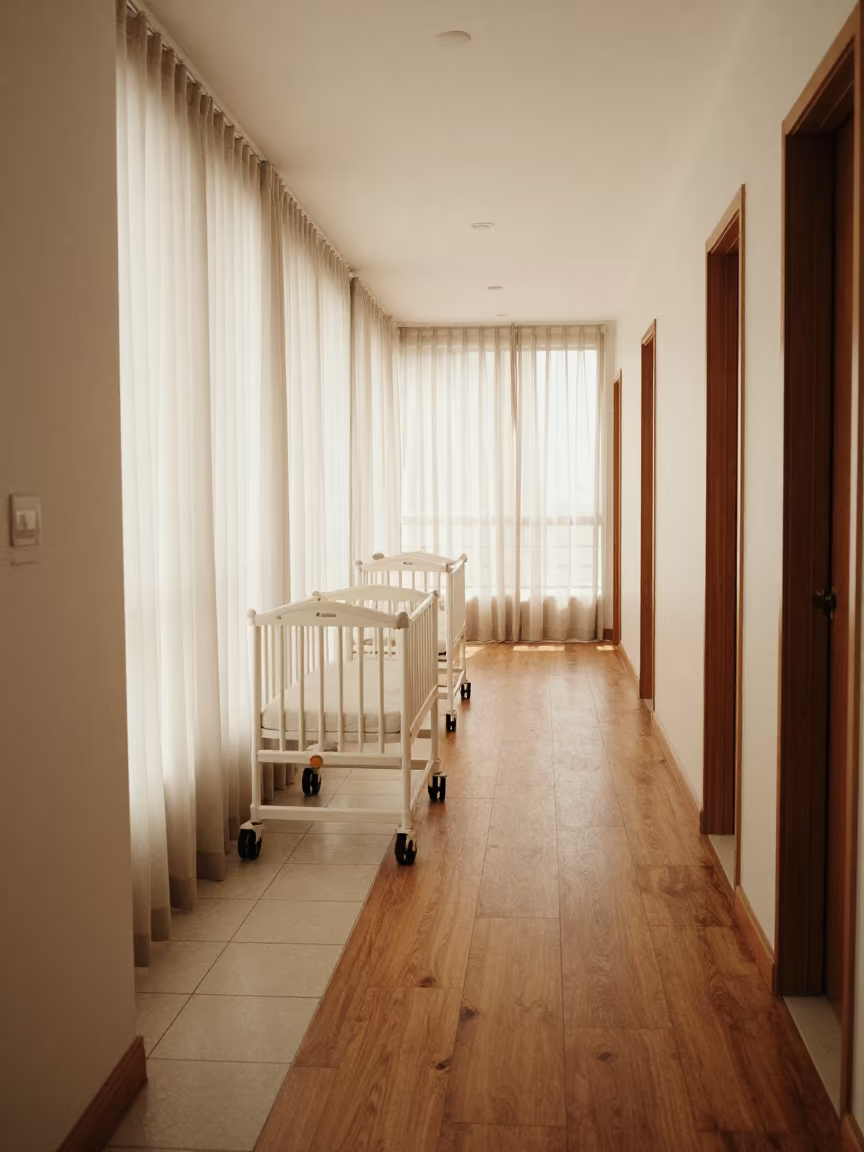Crib Wheel-Lock Cup on Corridor Floor in Rio in in a quiet guest corridor in Gloria, Rio de Janeiro