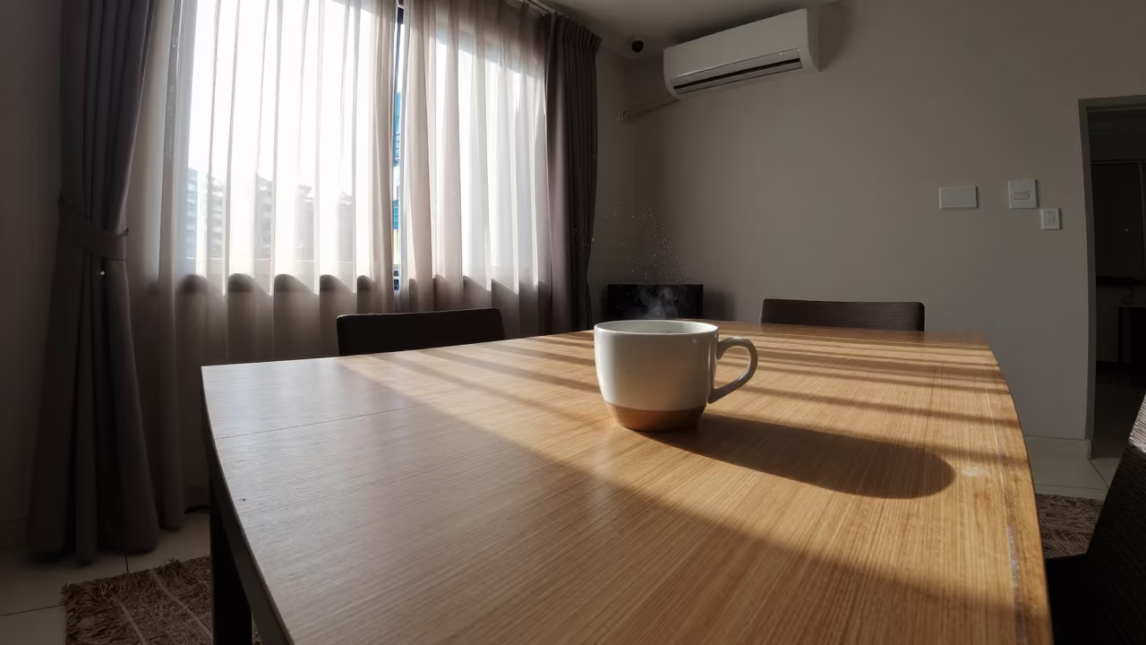 Crib Wheel Lock Cup Morning Light in inside a breakfast room before opening in Geylang, Singapore