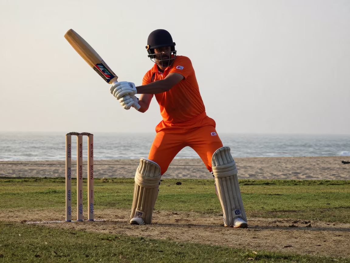 Cricket Batsman Cover Drive Beach Evening in along a beach near Leipzig