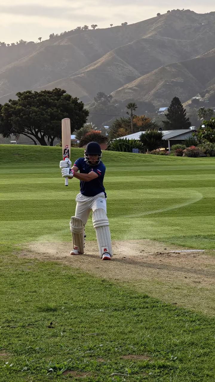 Cricket Batsman Cover Drive Mountain Path LA in on a mountain path near Los Angeles