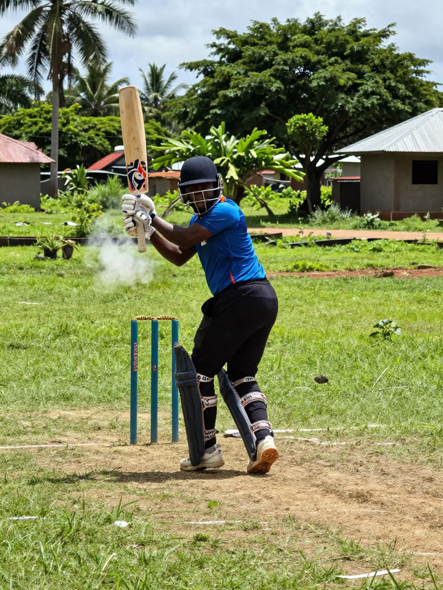 Cricket Batsman Cover Drive Village Lane in in a village lane near Guéckédougou