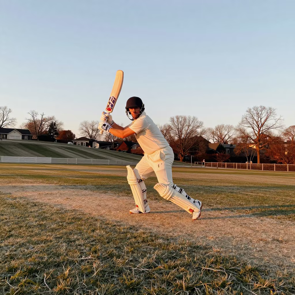 Cricket Batsman Cover Drive Winter Hillside in on a hillside near St Louis