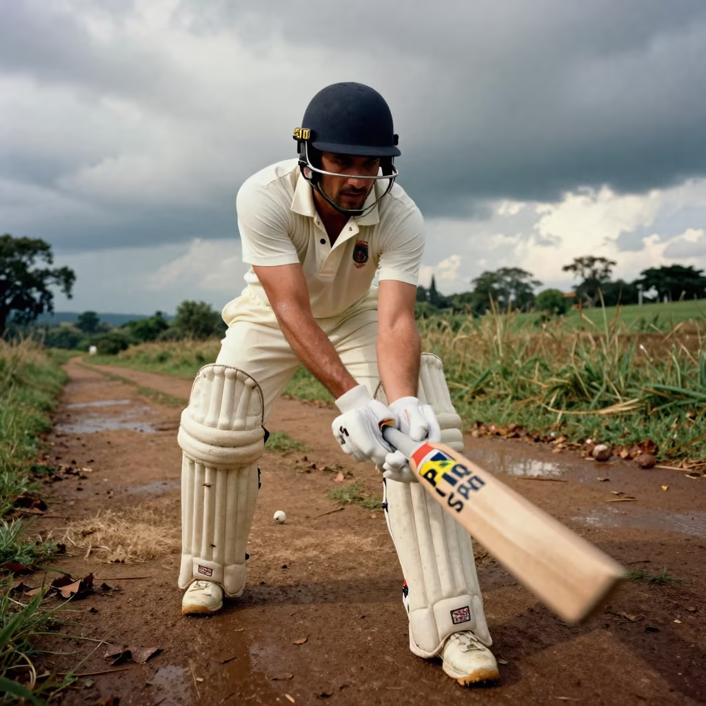 Cricket Batsman Pulling Shot on Mountain Path in on a mountain path near Yaounde