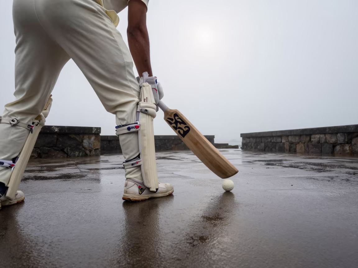Cricket Batsman Pulls Ball at Salvador Harbor Dawn in at a harbor quay near Salvador
