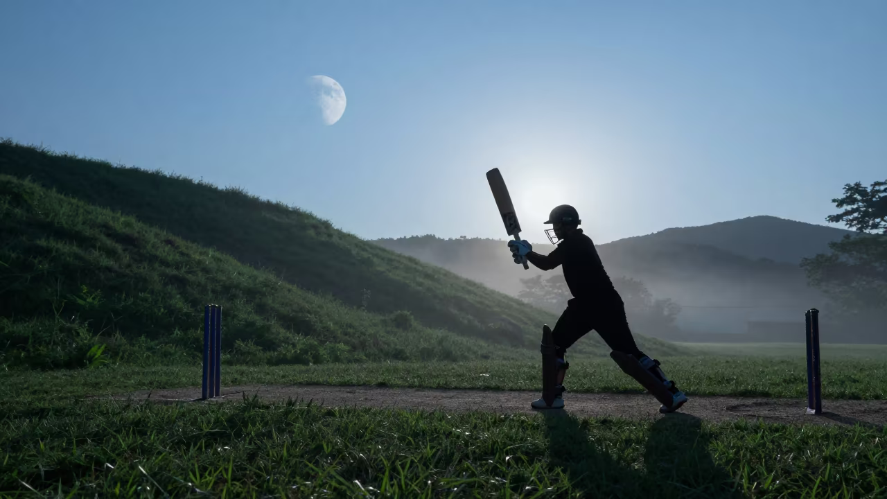 Cricket Batsman Silhouette Blue Hour Mountain Seoul in on a mountain path near Seoul