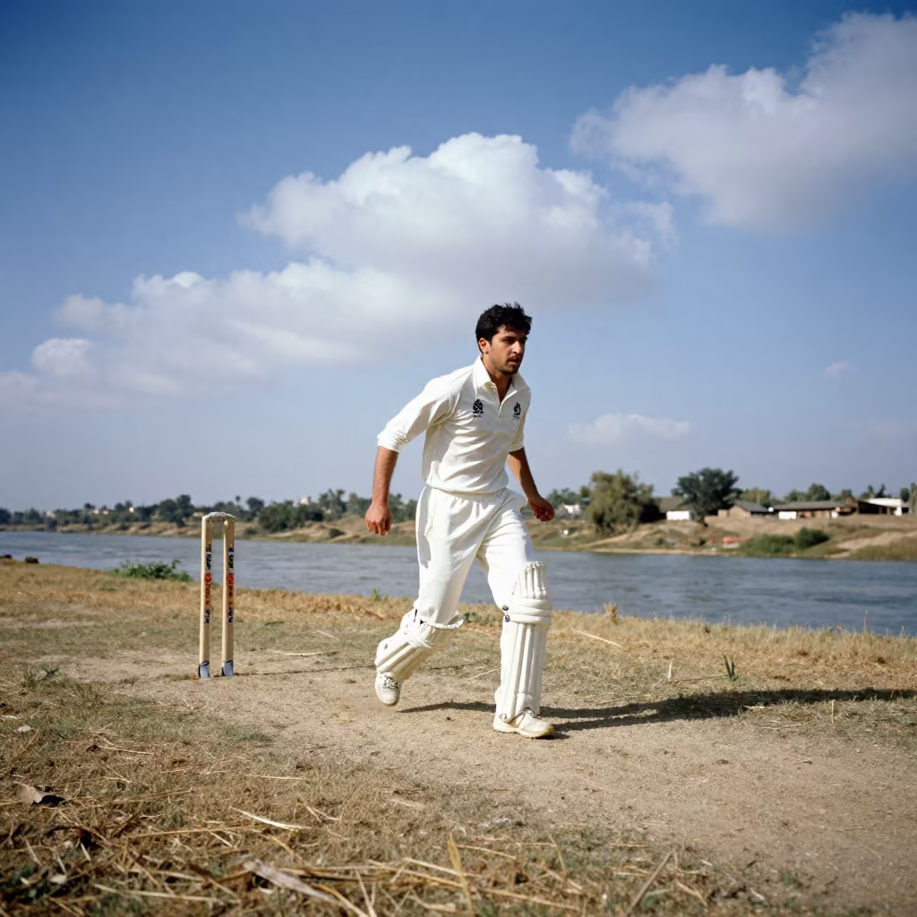 Cricket Bowler Mid Delivery Near Baqubah River in by a riverbank near Baqubah