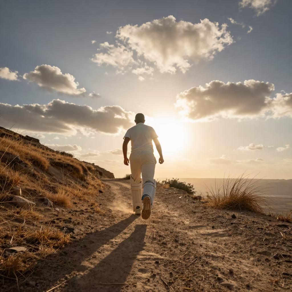 Cricket Bowler Mid Delivery on Mountain Path in on a mountain path near Beni Suef