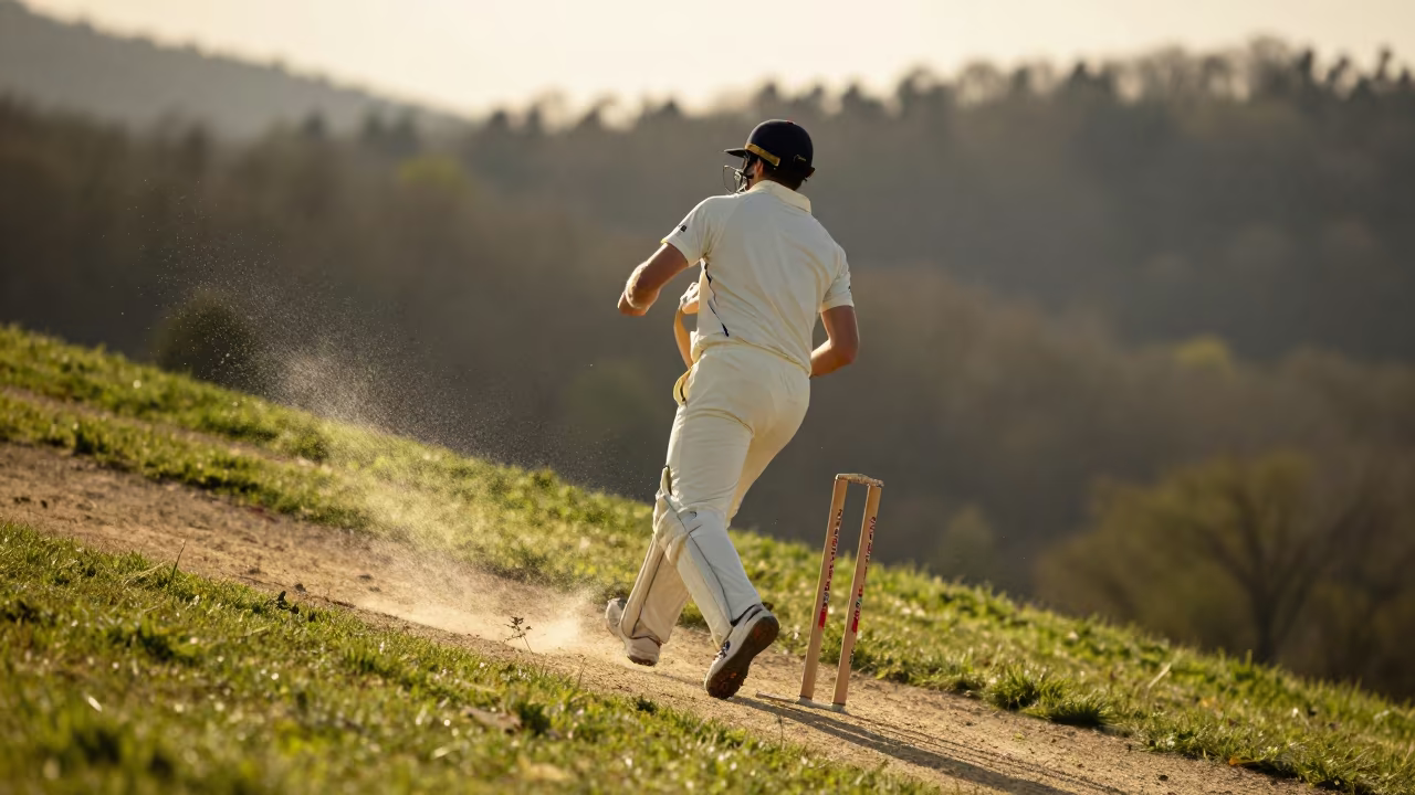 Cricket Bowler Stride on Spotsylvania Mountain Path in on a mountain path near Spotsylvania County