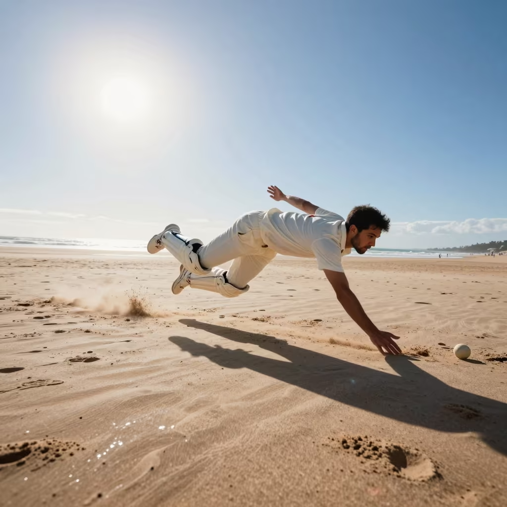 Cricket Keeper Dives on Agadir Beach with Double Sun in along a beach near Agadir