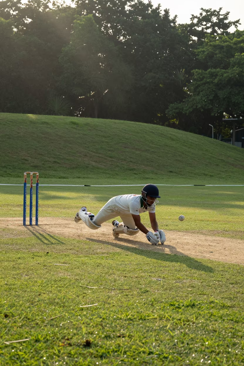 Cricket Keeper Dives on Hillside Near Chiang Mai in on a hillside near Chiang Mai