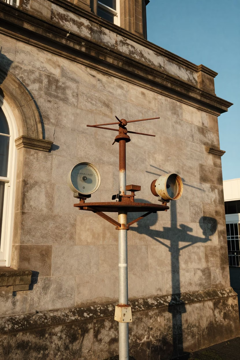 Crimbling Weather Station Instruments Outside Historic Wellington Building in Late Afternoon Light in in Wellington, New Zealand